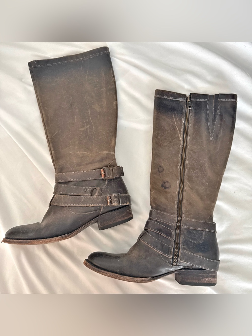 freebird Distressed Dark Brown Leather Mid-Calf Buckle Zip Boots